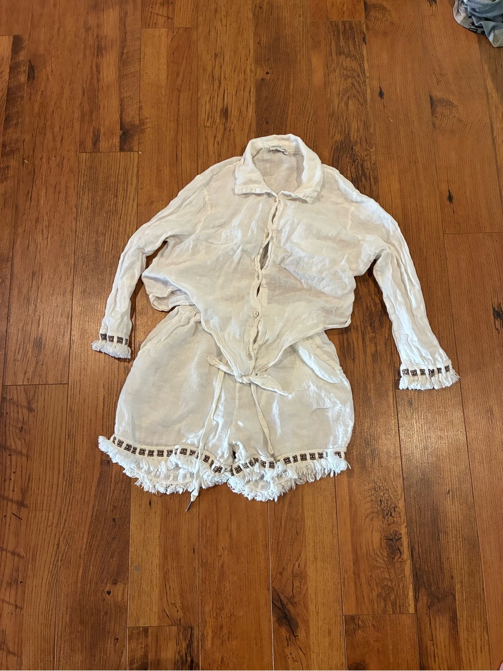 100% linen Women's White Gauze Button-Front shirt and shirt set with Fringe Trim